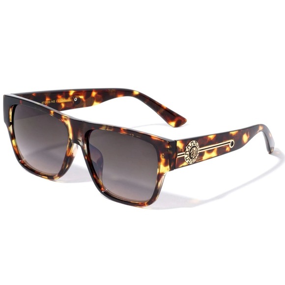 Men Designer Sunglasses Flat Top Square Frame Gold Accent Tortoise Shell Hip Hop - Picture 1 of 5
